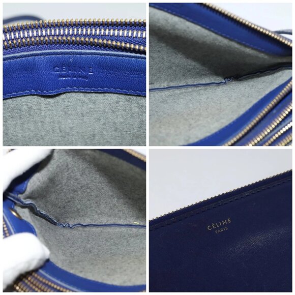 CELINE Trio Shoulder Bag Leather Blue Gold Auth - Picture 14 of 15